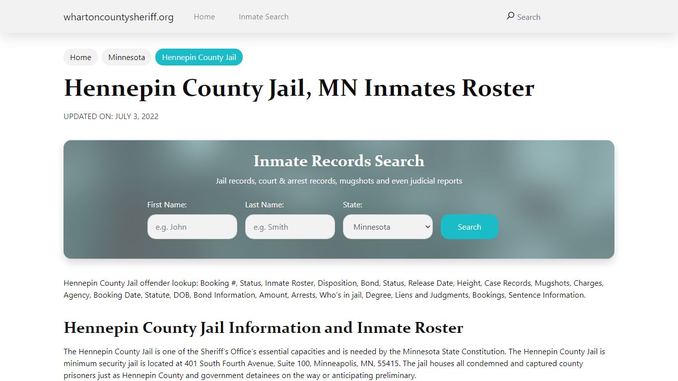 Hennepin County Jail, MN Jail Roster, Name Search